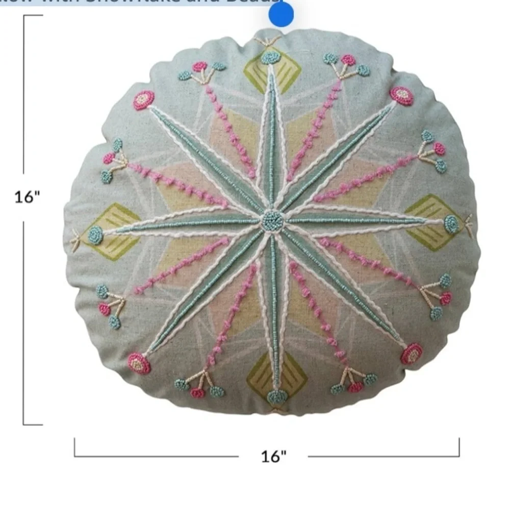 Creative Co-Op, Multicolor Round Cotton Embroidered Pillow With Snowflake/Beads